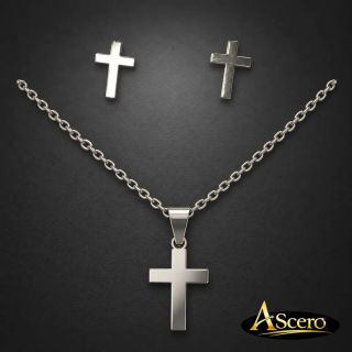 Conjunto Cruz lisa en Acero Plateado