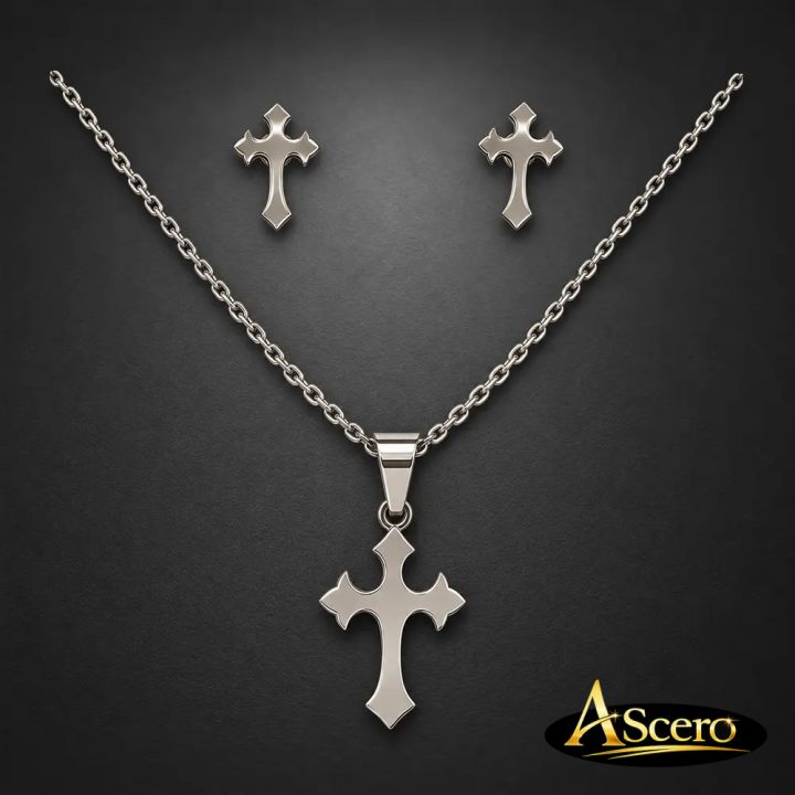 Conjunto Cruz Gótica en Acero Inoxidable