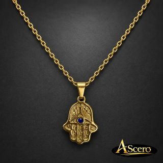 Cadena con colgante Mano de Fátima circonita azul en acero dorado