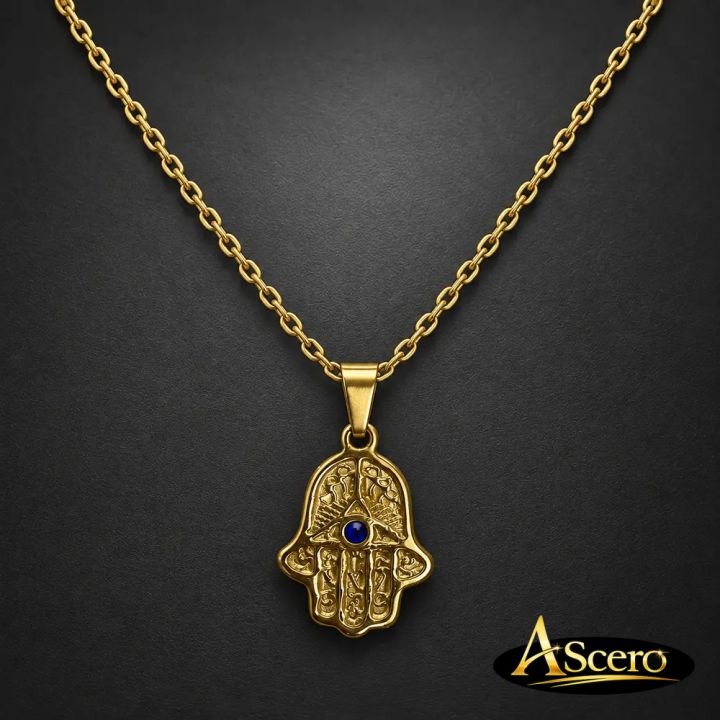 Cadena con colgante Mano de Fátima circonita azul en acero dorado