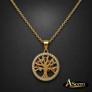 Cadena con Colgante Árbol de la Vida Colores en Acero Dorado
