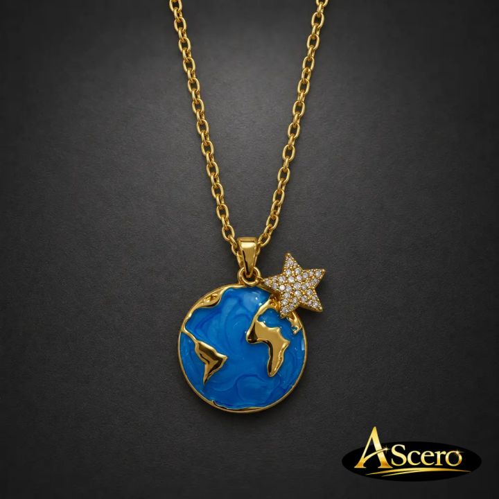 Cadena con Colgante Mundo y Estrella en Acero Dorado
