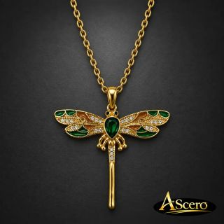 Colgante Libélula Verde en Acero Dorado