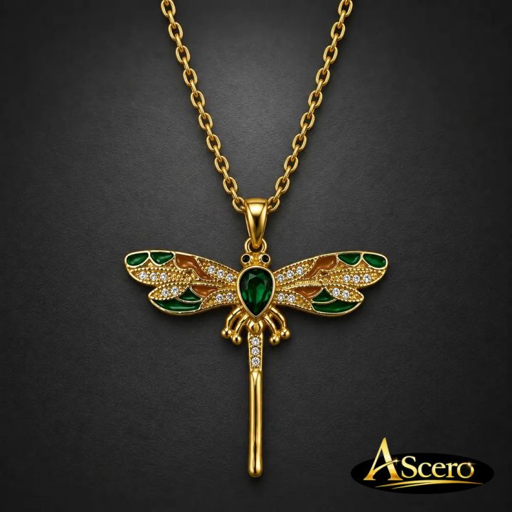 Colgante Libélula Verde en Acero Dorado