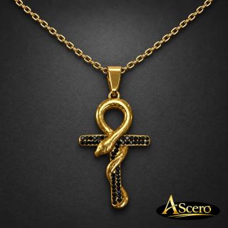 Cadena con Colgante Serpiente Ankh en Acero Dorado