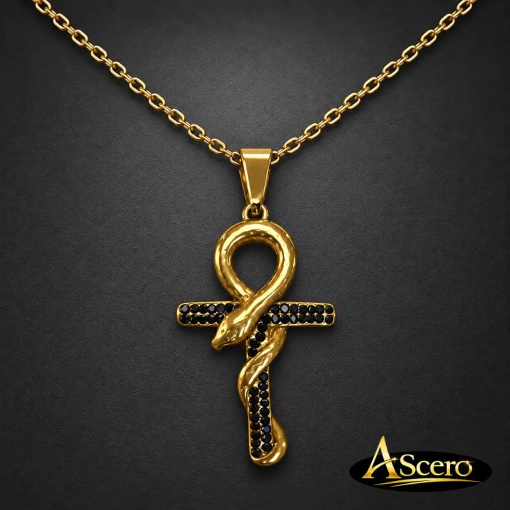 Cadena con Colgante Serpiente Ankh en Acero Dorado