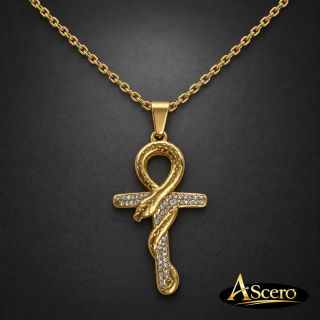 Cadena con Colgante Ankh Serpiente en Acero Dorado