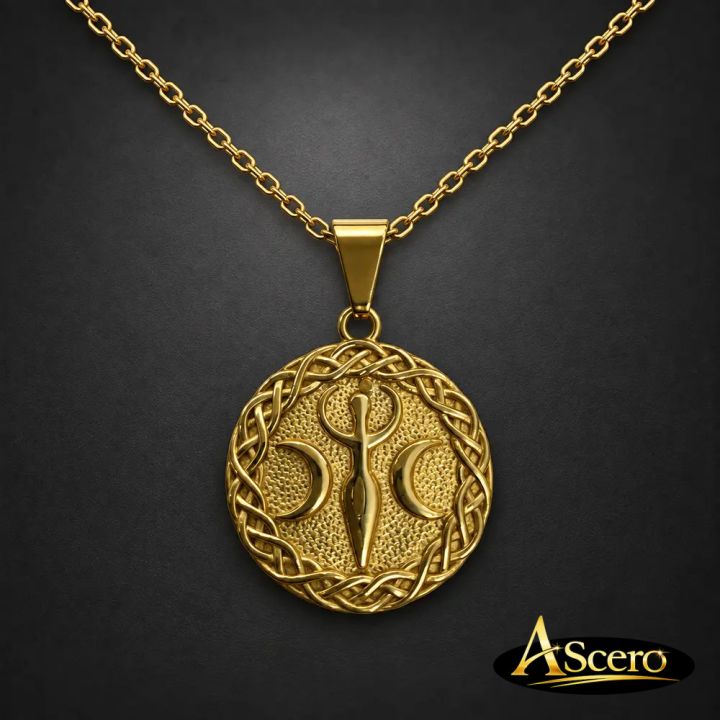 Cadena con Colgante Diosa Luna Triple en Acero Dorado