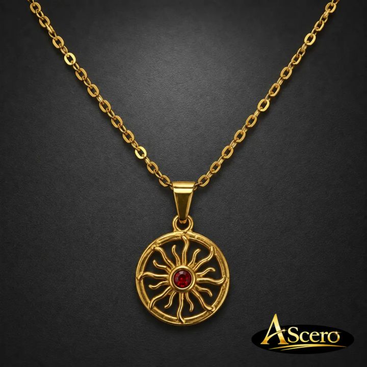 Colgante Sol Rubí en Acero Dorado