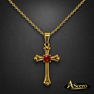 Cadena con Colgante Cruz Dorada con Piedra Roja