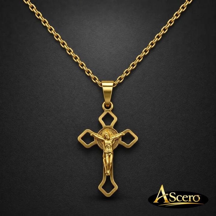 Cadena con Colgante Cruz Jesucristo Dorada en Acero Inoxidable