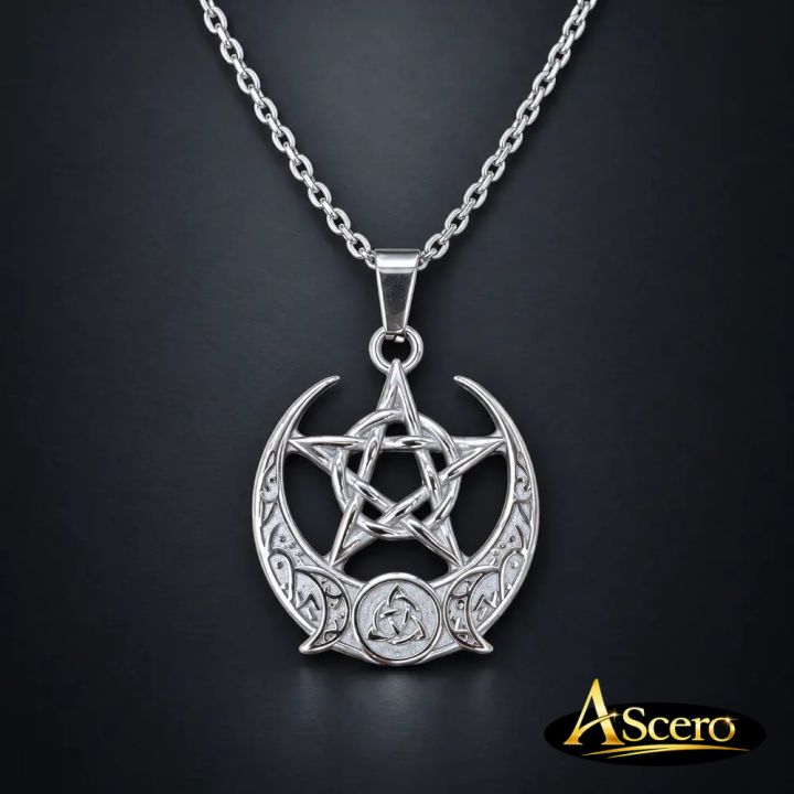 Cadena con Colgante Pentagrama, Luna, Nudo de Bruja