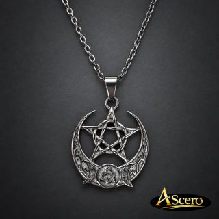 Cadena con Colgante Pentagrama, Luna, Nudo de Bruja Negro