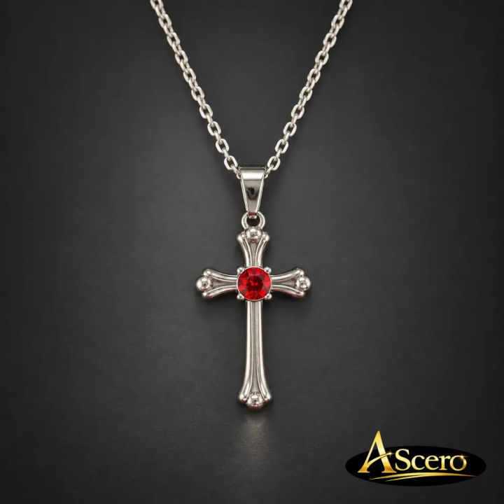 Cadena con Colgante Cruz con Piedra Roja