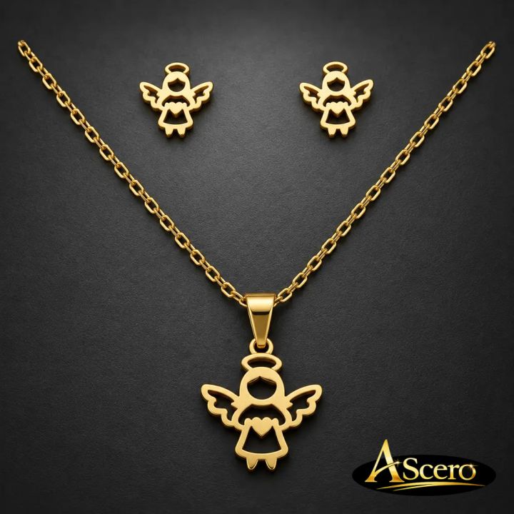 Conjunto de Ángel corazón en Acero Dorado