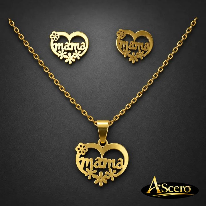 Conjunto Corazón Flores Mamá en Acero Dorado