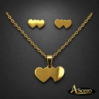 Conjunto Corazones unidos en Acero Dorado