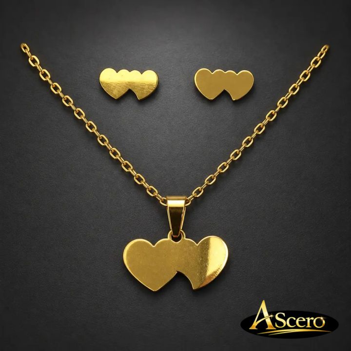 Conjunto Corazones unidos en Acero Dorado