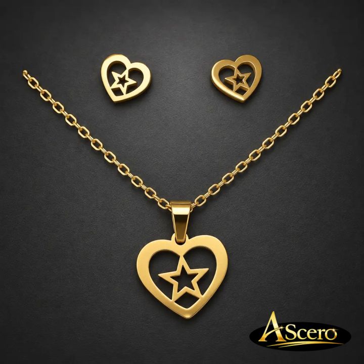 Conjunto Corazón con Estrella en Acero Dorado