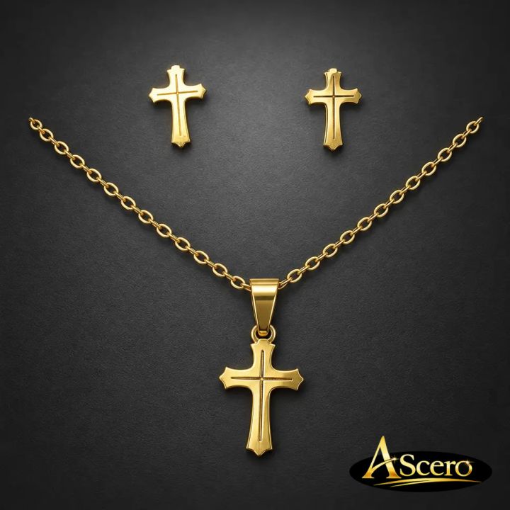 Conjunto Cruz latina Dorado en Acero Inoxidable