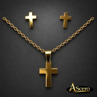 Conjunto Cruz lisa en Acero Dorado