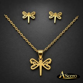Conjunto Libélula lisa en Acero Dorado